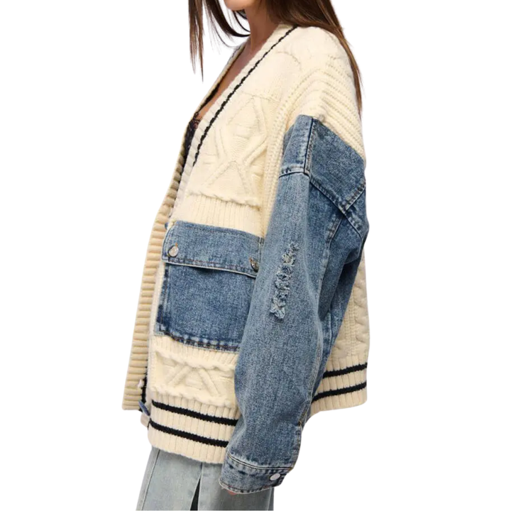 Eloise | Relaxed Denim Patchwork Knit Cardigan