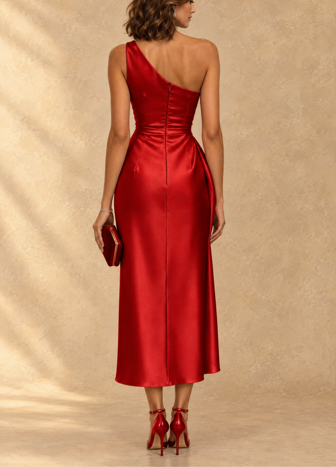 Daphne | One-Shoulder Ruched Satin Midi Dress