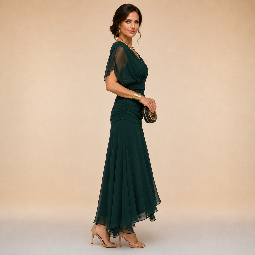 Evelina | Draped V-Neck Evening Maxi Dress