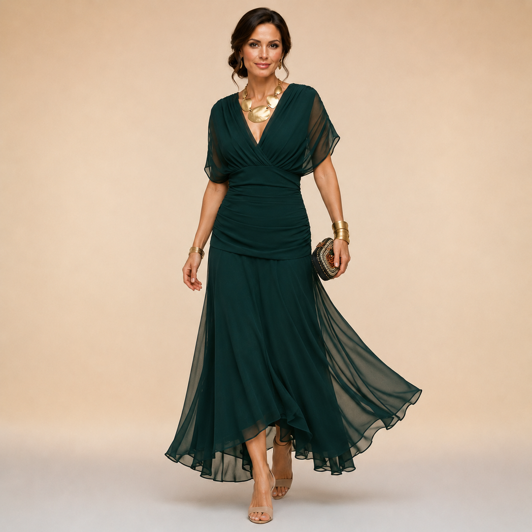 Evelina | Draped V-Neck Evening Maxi Dress