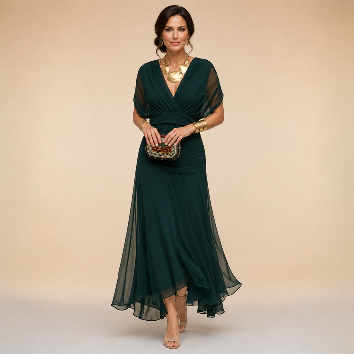Evelina | Draped V-Neck Evening Maxi Dress