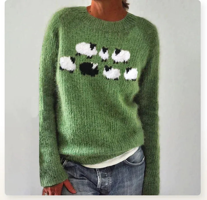 Helen | Green Sheep Motif Knit Sweater