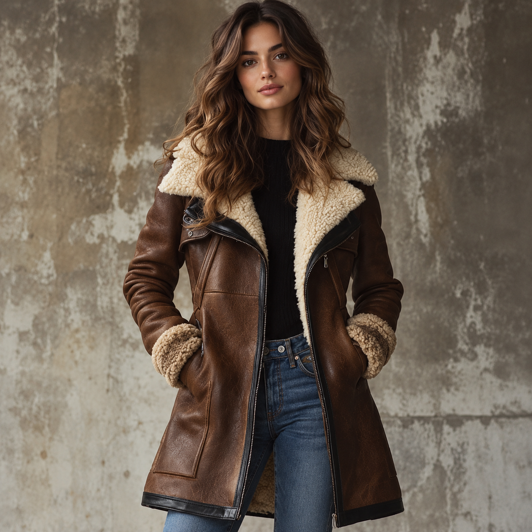 Georgina | Long Vintage Leather Coat with Faux Fur Collar