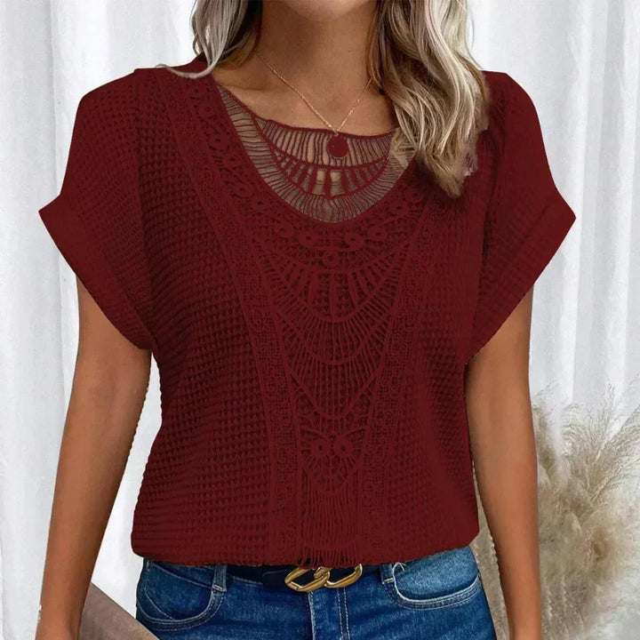 Leontine | Crochet Blouse with Crew Neck and Short Sleeves for Women