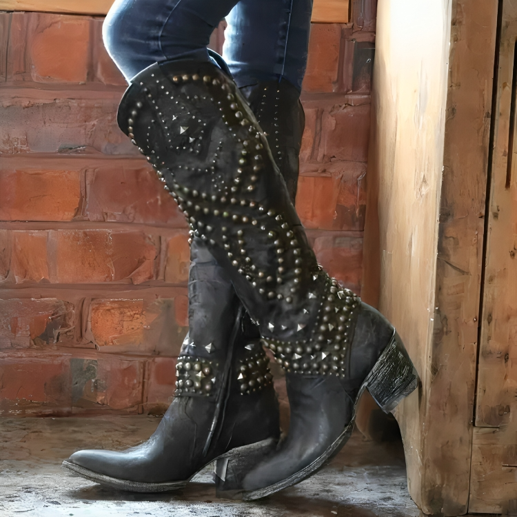 Sylvia | Studded Knee-High Western Boots