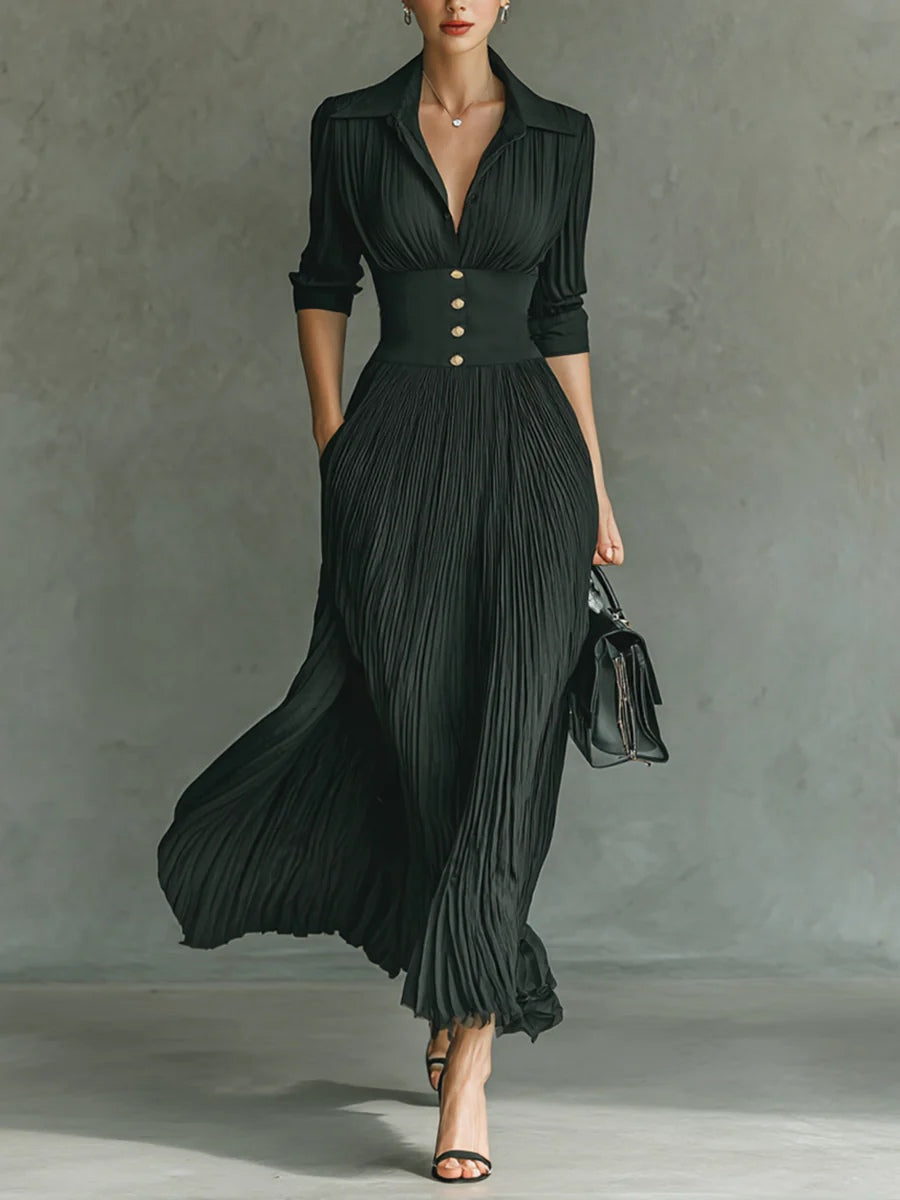 Elvira | Long Pleated Dress with Lapel and High Waist