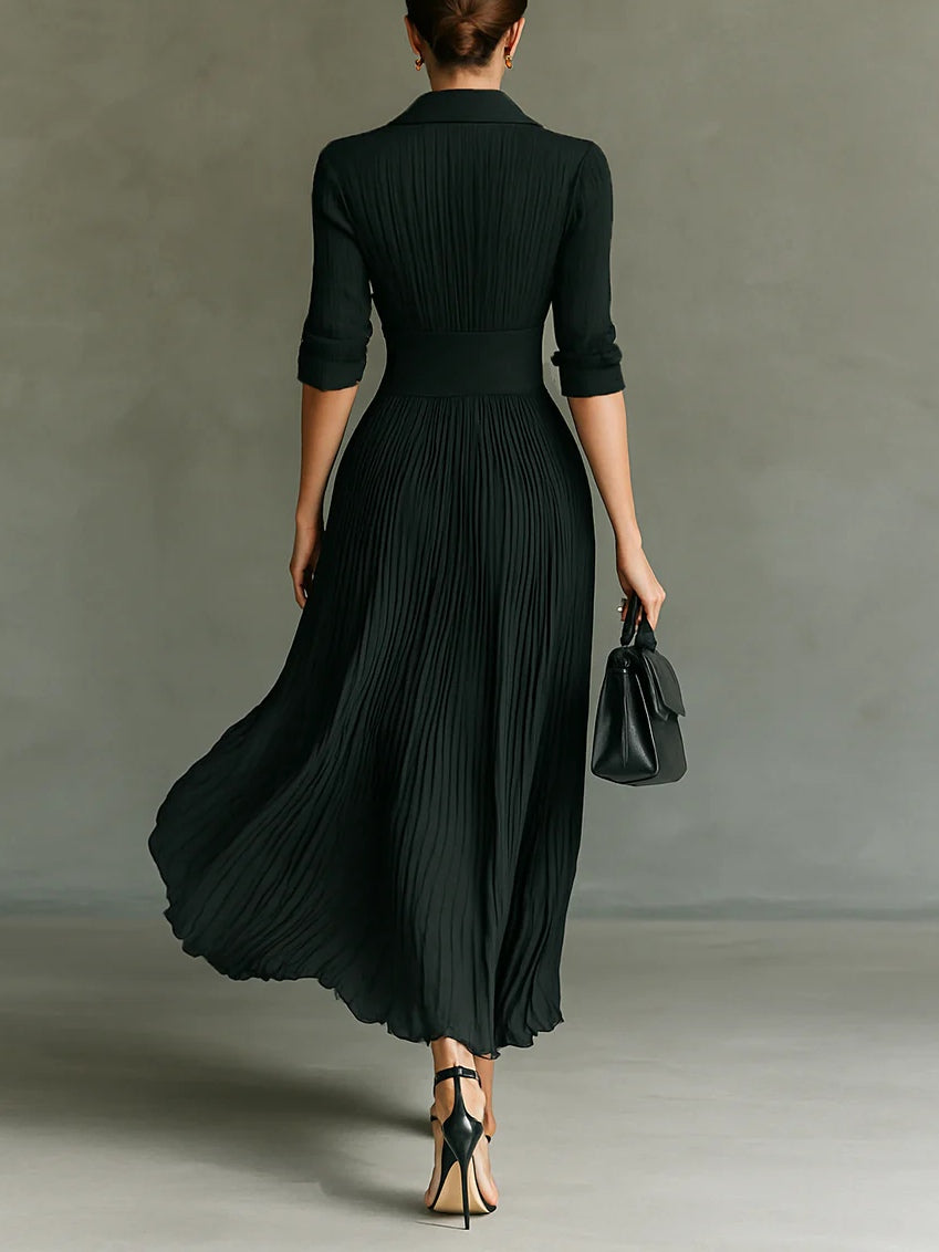 Elvira | Long Pleated Dress with Lapel and High Waist