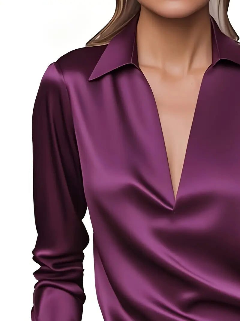 Audrey | Satin V-Neck Blouse with Long Sleeves for Women