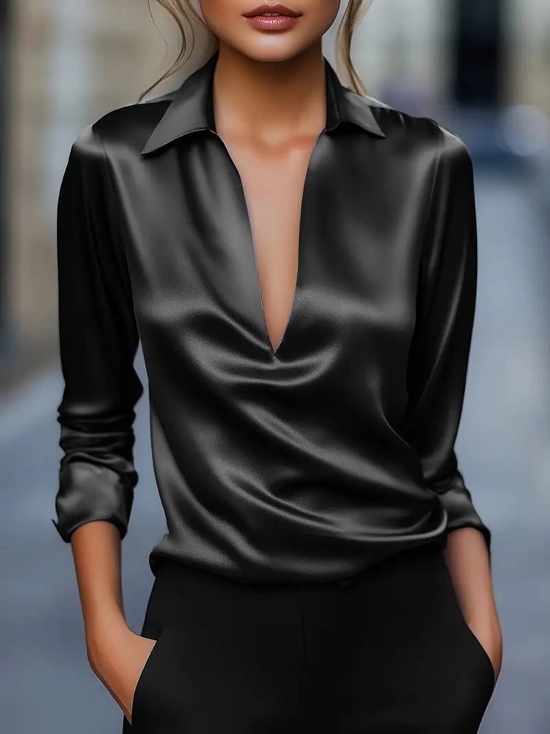 Audrey | Satin V-Neck Blouse with Long Sleeves for Women