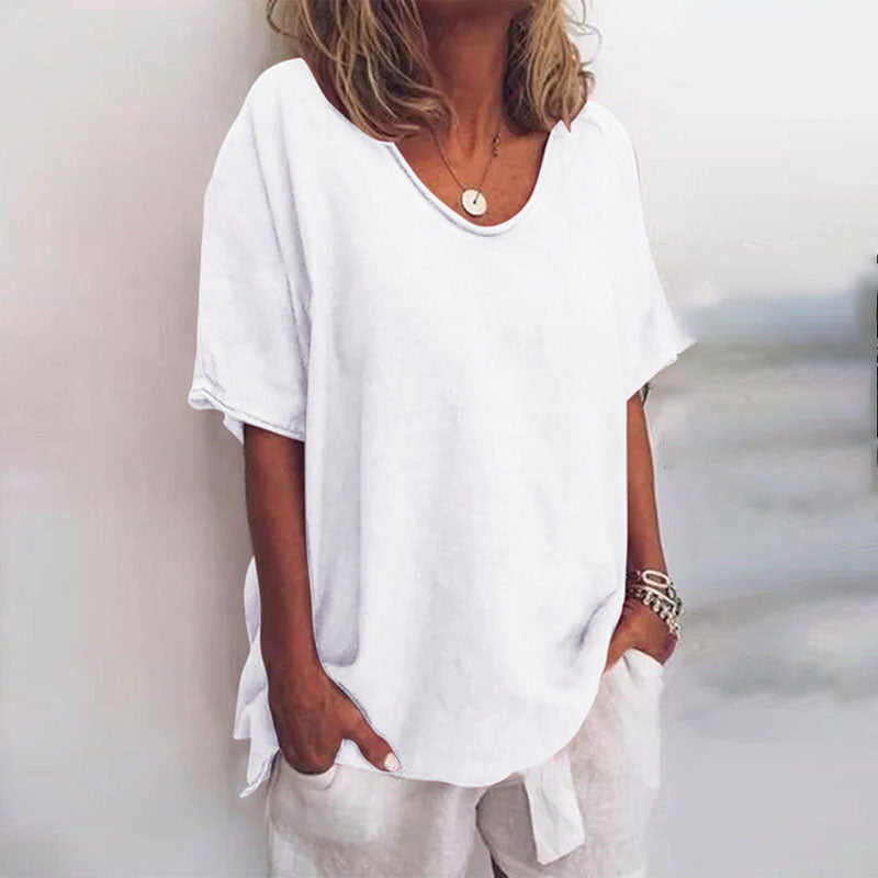 Loose Blouse with V-Neck and Short Sleeves for Women