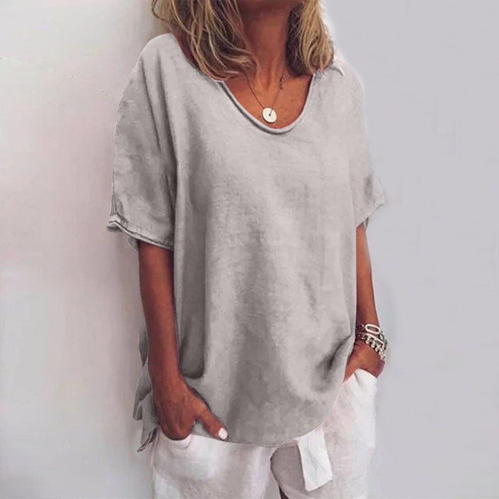 Loose Blouse with V-Neck and Short Sleeves for Women