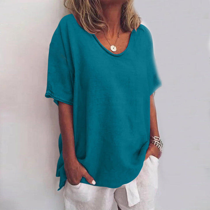 Loose Blouse with V-Neck and Short Sleeves for Women