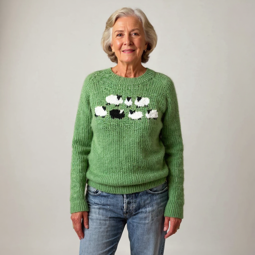 Helen | Green Sheep Motif Knit Sweater