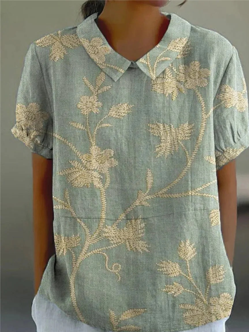 Embroidered Floral Blouse with Collar for Women