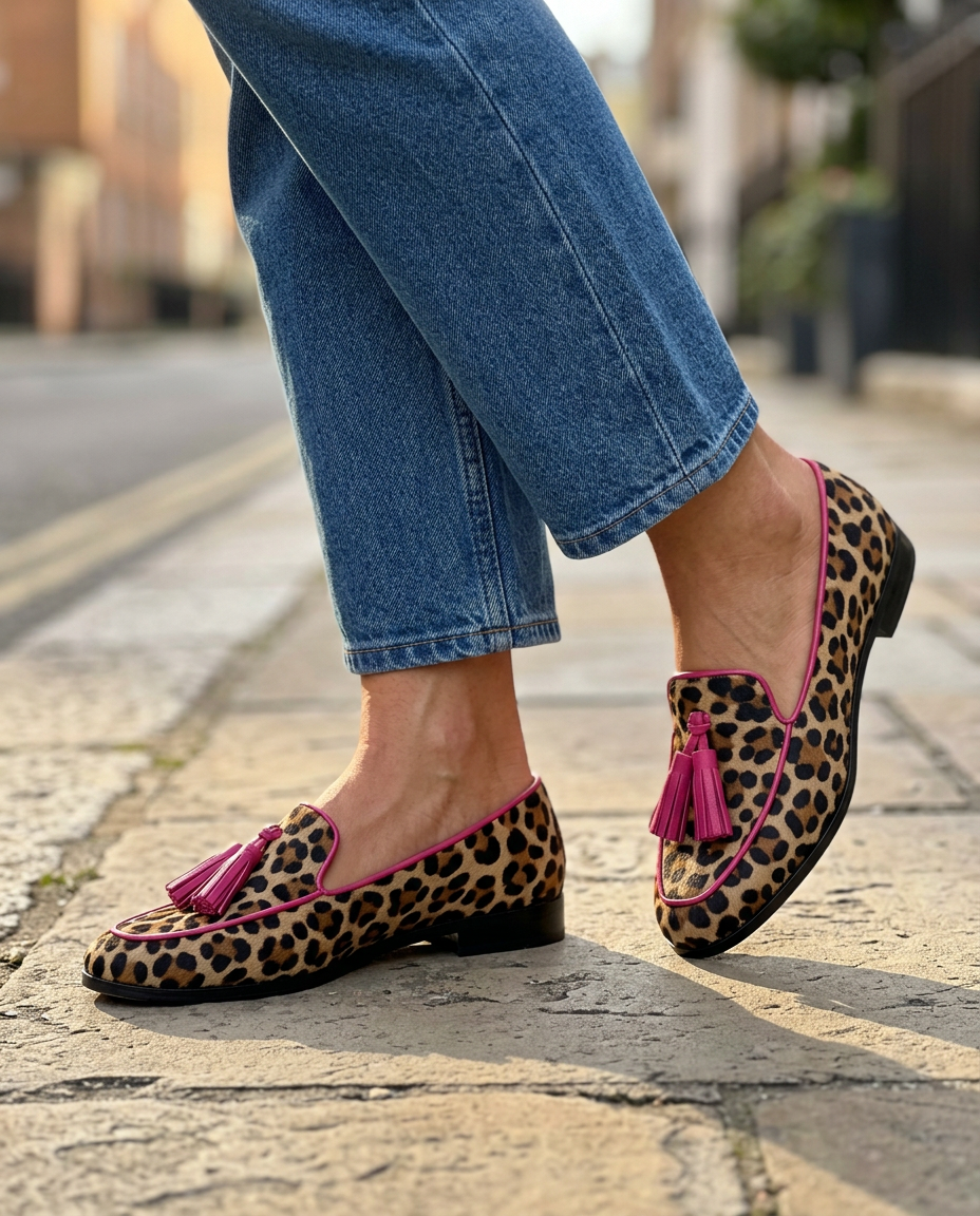 Fiamma | Moccasin, Leopard Print with Fuchsia Trim and Tassels