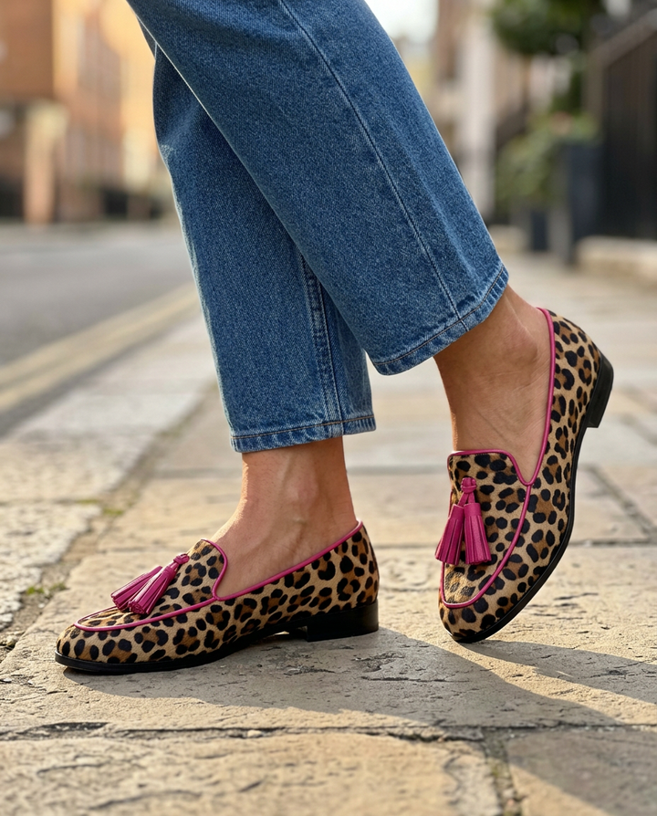 Fiamma | Moccasin, Leopard Print with Fuchsia Trim and Tassels