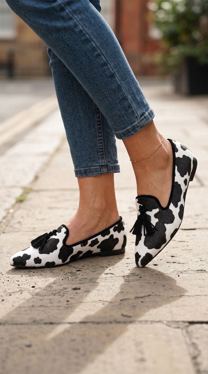 Ginevra | Moccasin, Black and White Cow Print, Black Tassels