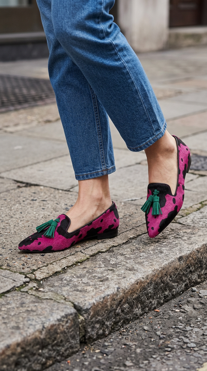 Ginevra | Moccasin, Fuchsia Cow, Green Tassels