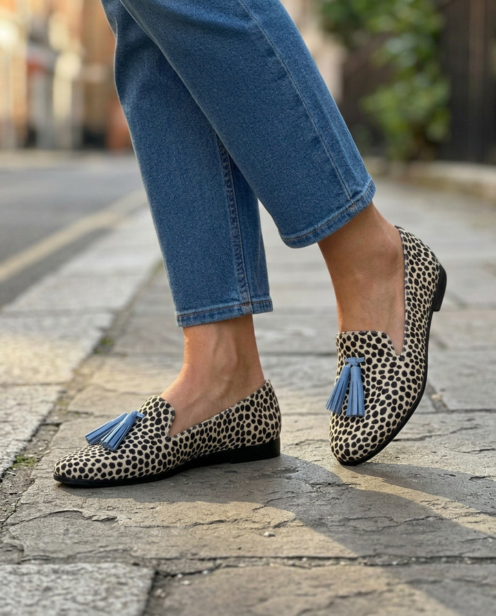 Nadia | Moccasins, Black and White Leopard with Light Blue Tassels