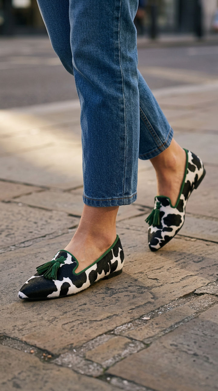Ginevra | Moccasin, Black and White Cow Print, Green Tassels