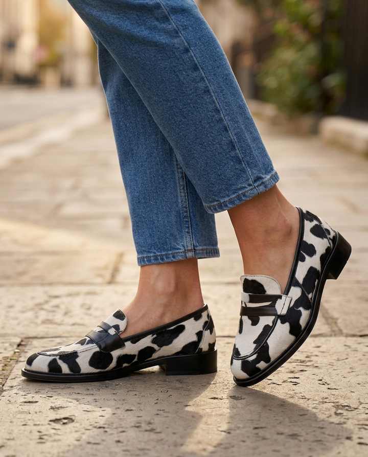 Nives | Moccasin, Cow Print with Penny Loafer
