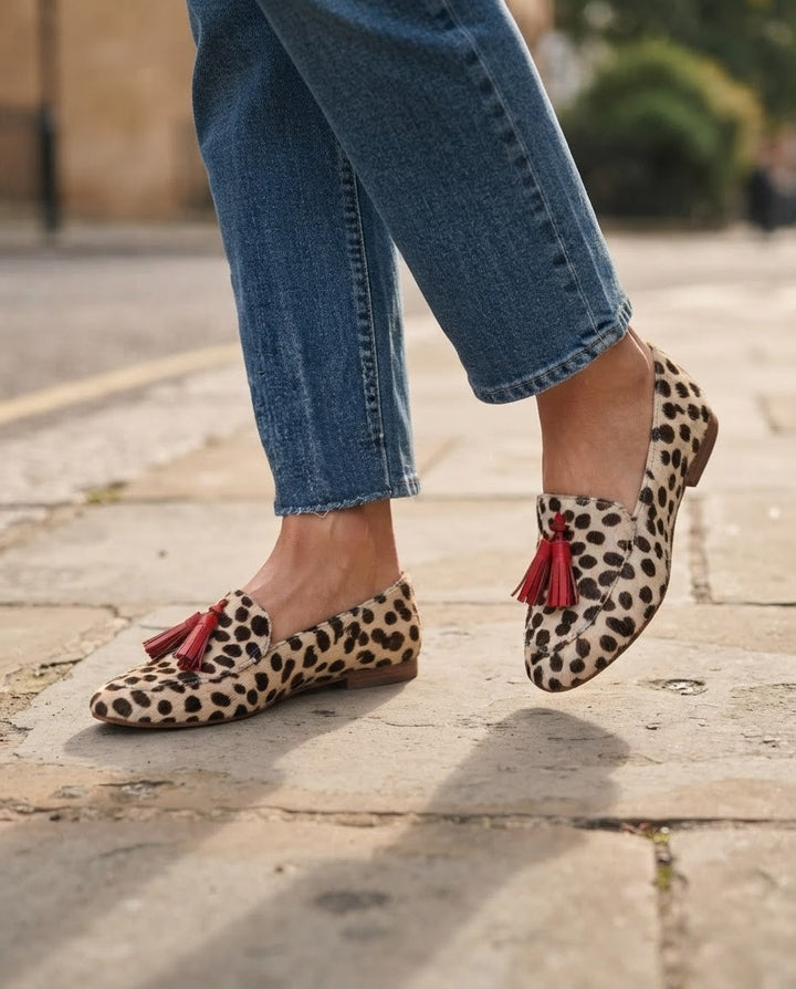 Aurora | Moccasin, Cream Polka Dots, Red Tassels