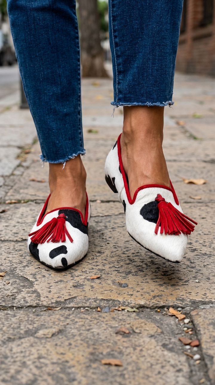 Ginevra | Moccasin, Black and White Cow Print, Red Tassels