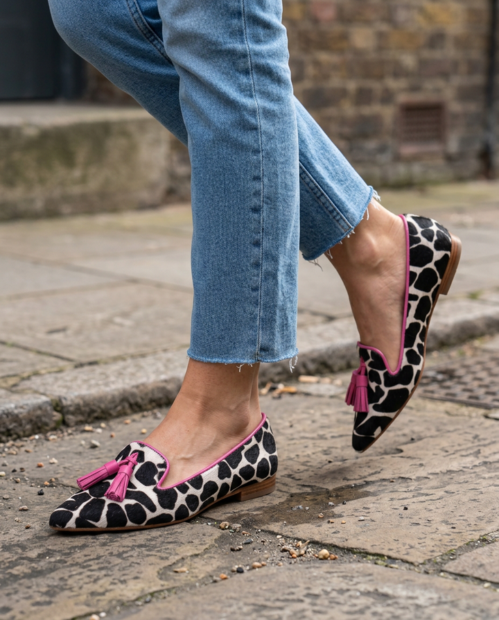 Ginevra | Loafers, Black and White Cow Print, Pink Tassels