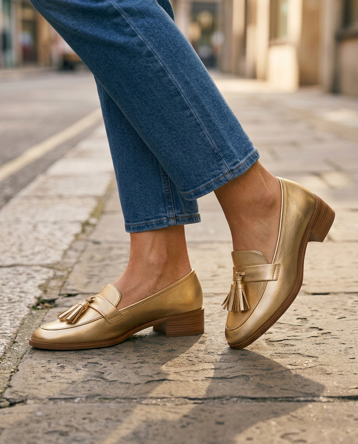 Dorotea | Moccasin, Gold with Tassels