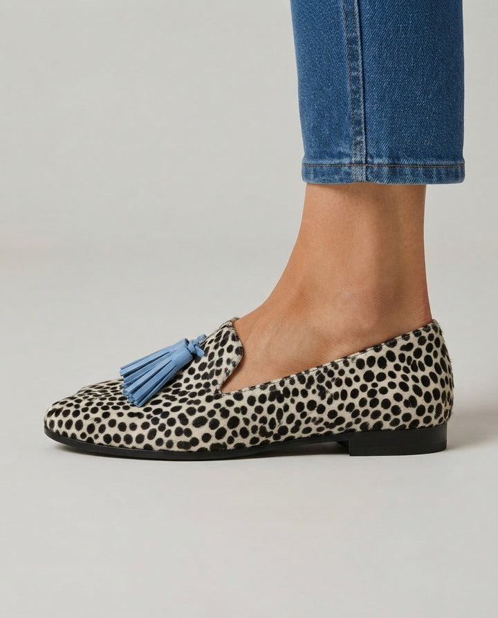 Nadia | Moccasins, Black and White Leopard with Light Blue Tassels