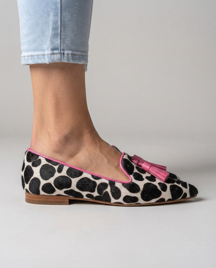 Ginevra | Loafers, Black and White Cow Print, Pink Tassels
