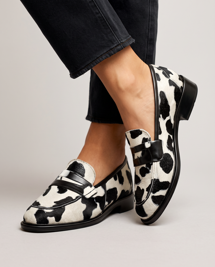 Nives | Moccasin, Cow Print with Penny Loafer