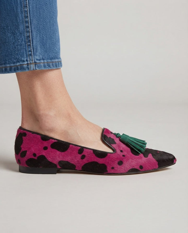 Ginevra | Moccasin, Fuchsia Cow, Green Tassels