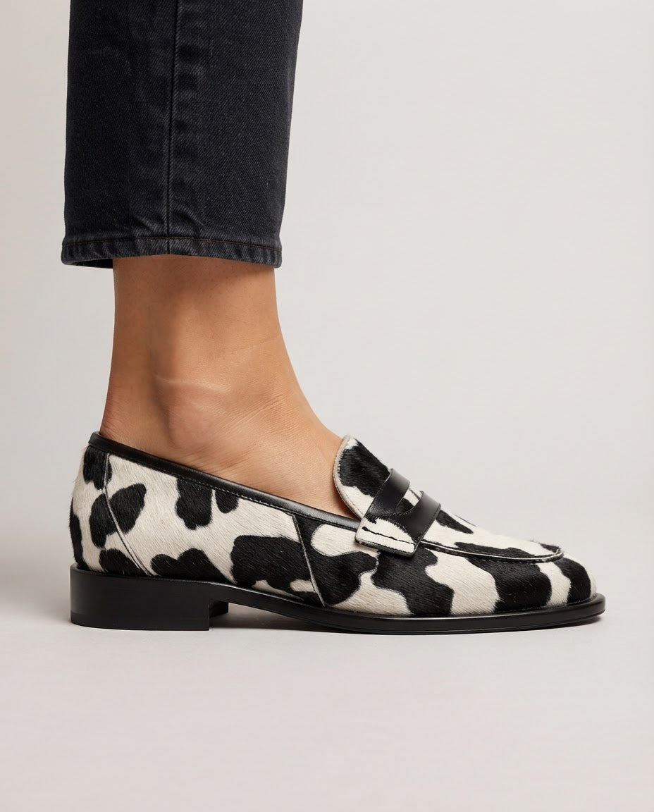 Nives | Moccasin, Cow Print with Penny Loafer
