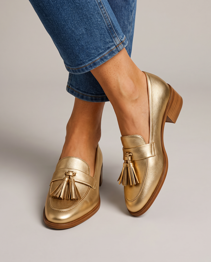 Dorotea | Moccasin, Gold with Tassels