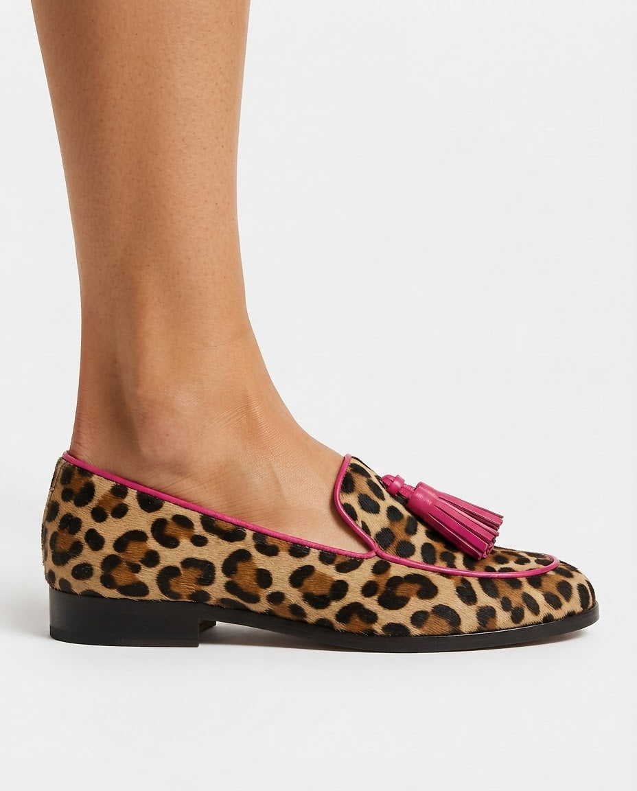 Fiamma | Moccasin, Leopard Print with Fuchsia Trim and Tassels