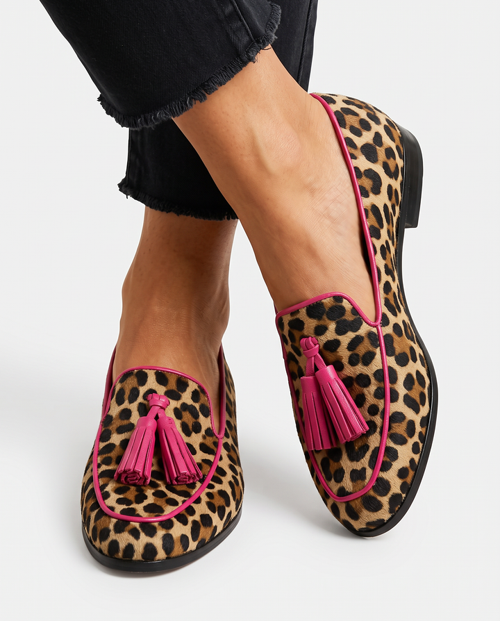 Fiamma | Moccasin, Leopard Print with Fuchsia Trim and Tassels
