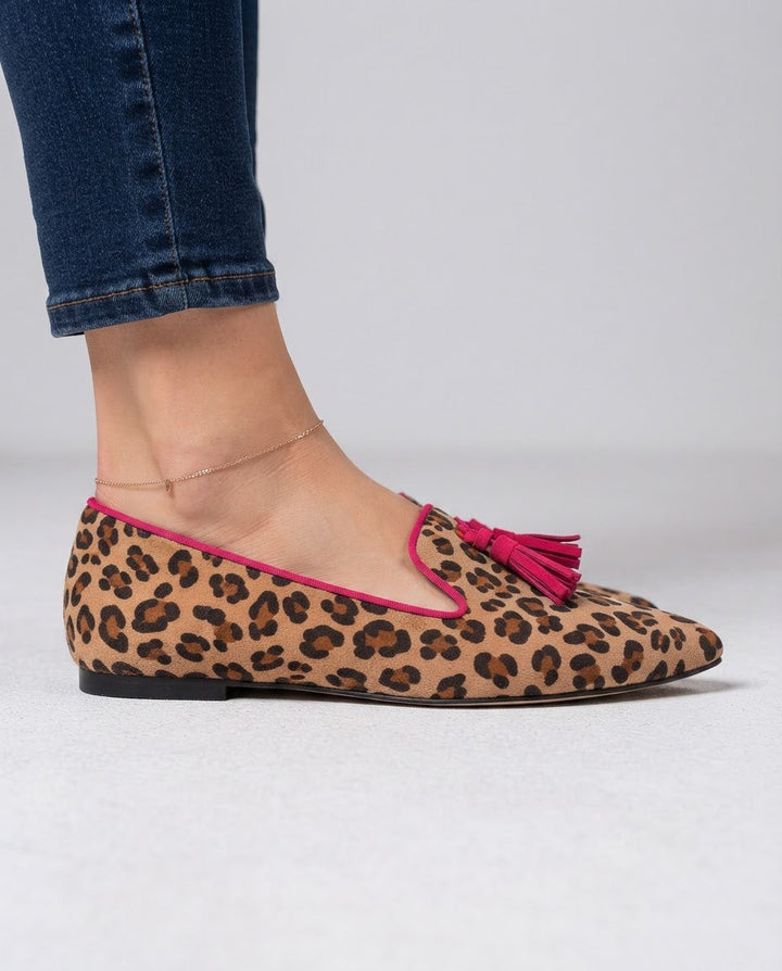 Ginevra | Moccasin, Suede Leopard Print, Fuchsia Tassels