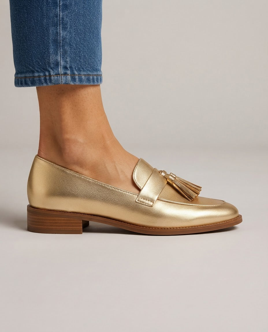 Dorotea | Moccasin, Gold with Tassels