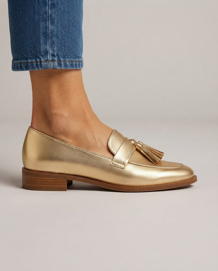 Dorotea | Moccasin, Gold with Tassels