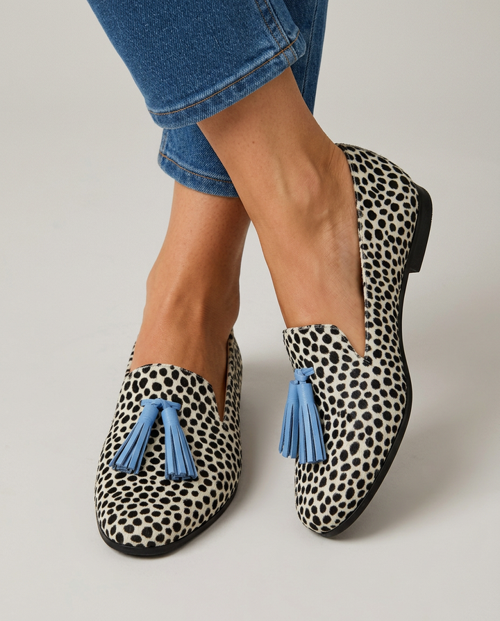 Nadia | Moccasins, Black and White Leopard with Light Blue Tassels