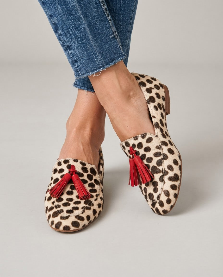 Aurora | Moccasin, Cream Polka Dots, Red Tassels