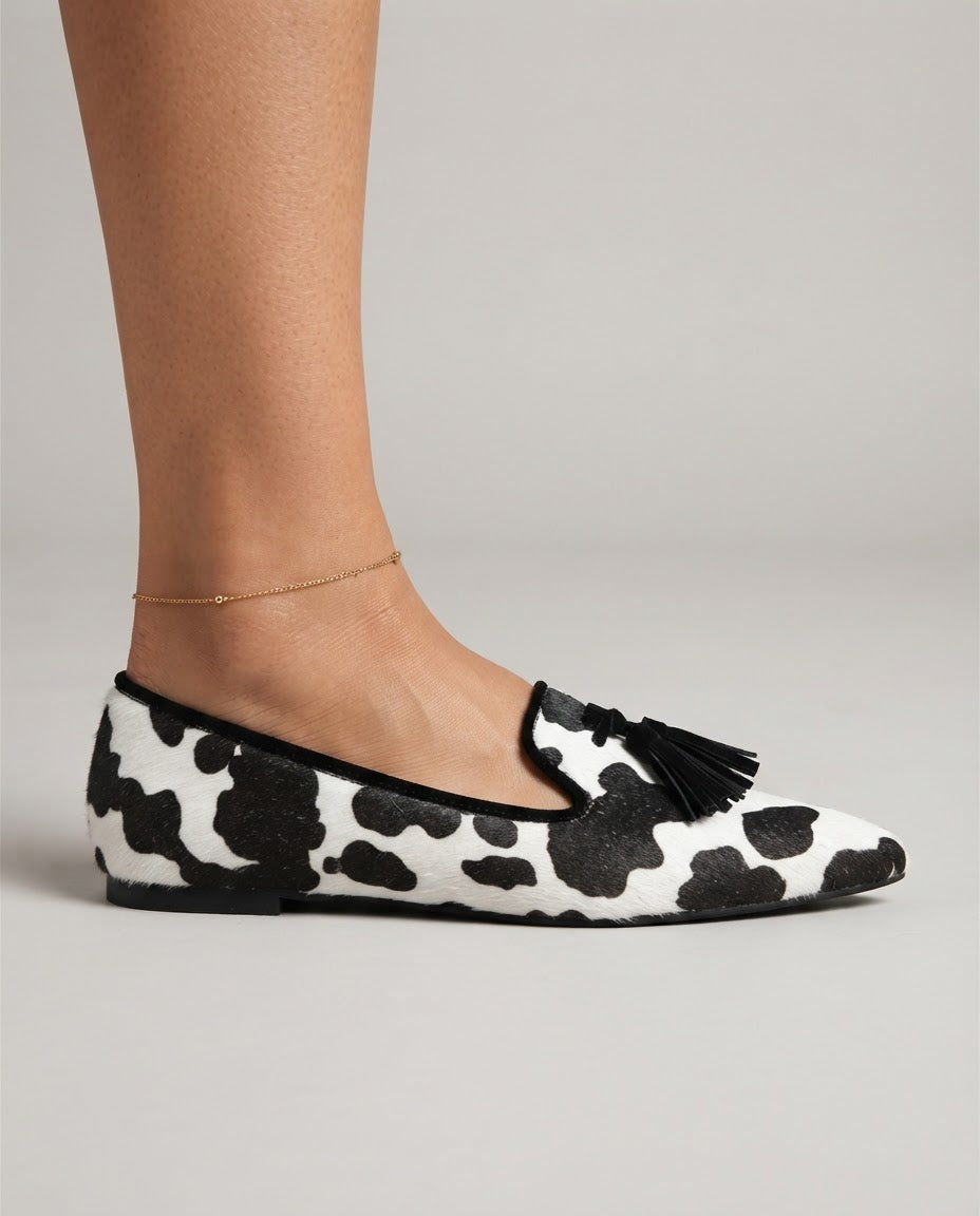 Ginevra | Moccasin, Black and White Cow Print, Black Tassels