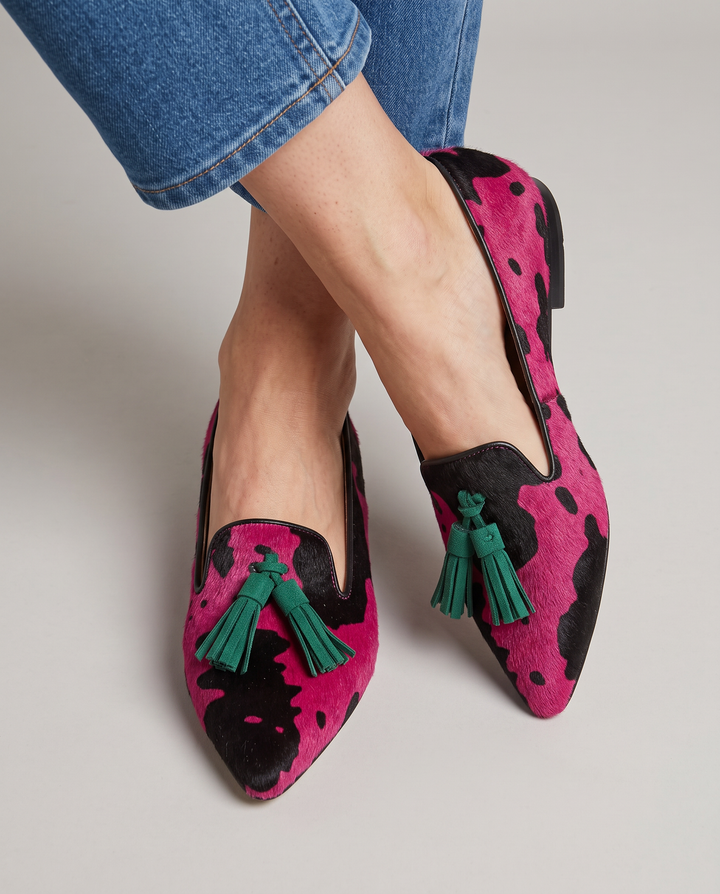 Ginevra | Moccasin, Fuchsia Cow, Green Tassels