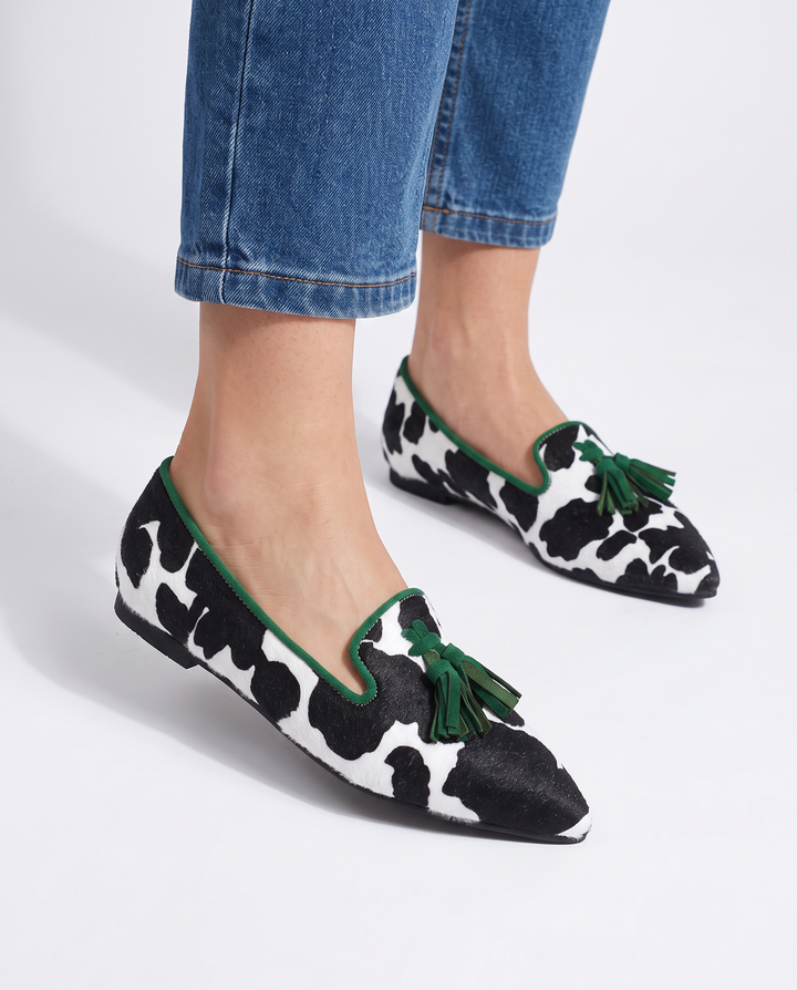 Ginevra | Moccasin, Black and White Cow Print, Green Tassels