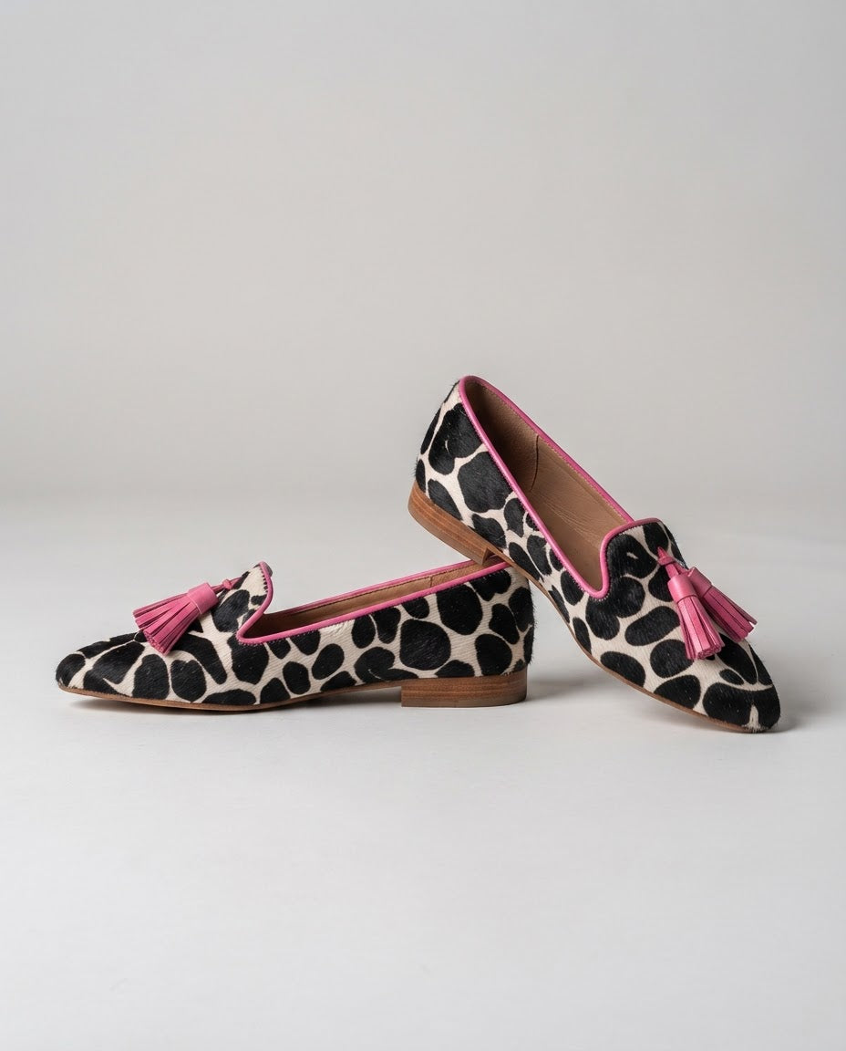 Ginevra | Loafers, Black and White Cow Print, Pink Tassels