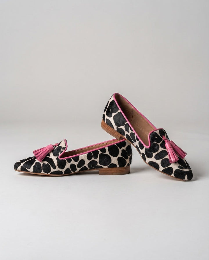Ginevra | Loafers, Black and White Cow Print, Pink Tassels
