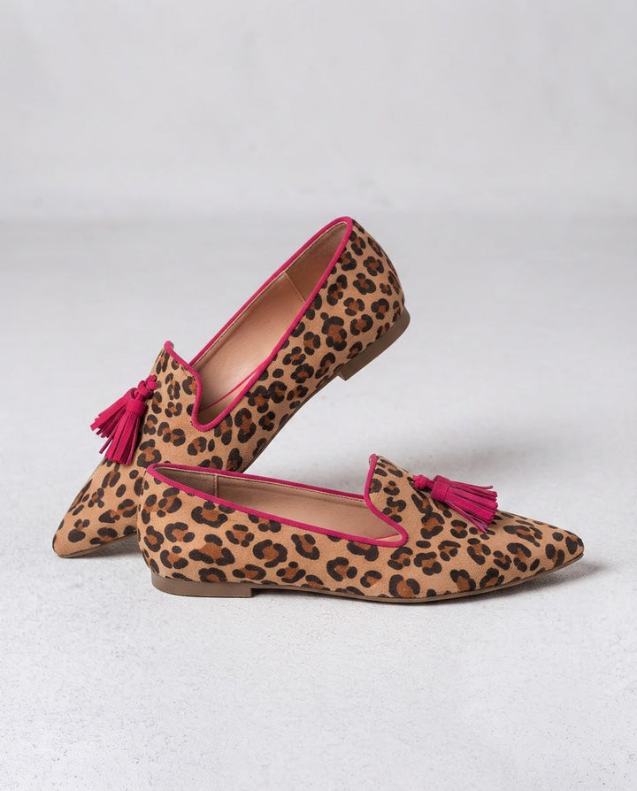 Ginevra | Moccasin, Suede Leopard Print, Fuchsia Tassels
