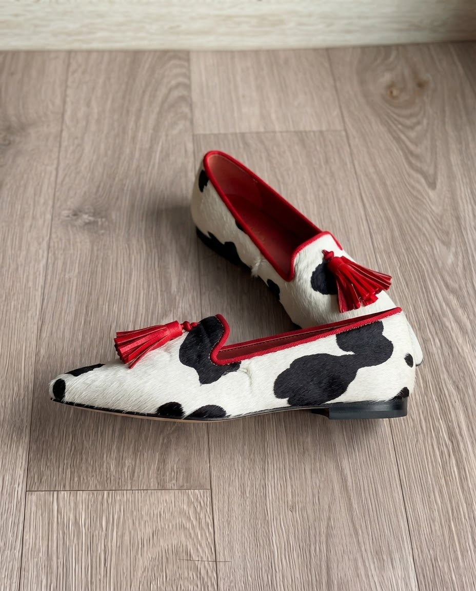 Ginevra | Moccasin, Black and White Cow Print, Red Tassels