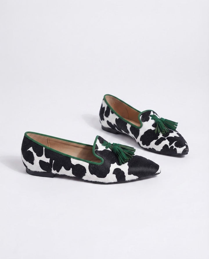 Ginevra | Moccasin, Black and White Cow Print, Green Tassels